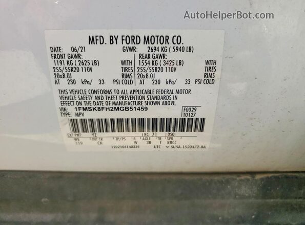 1FMSK8FH2MGB51459 2021 FORD EXPLORER White 360 interior view