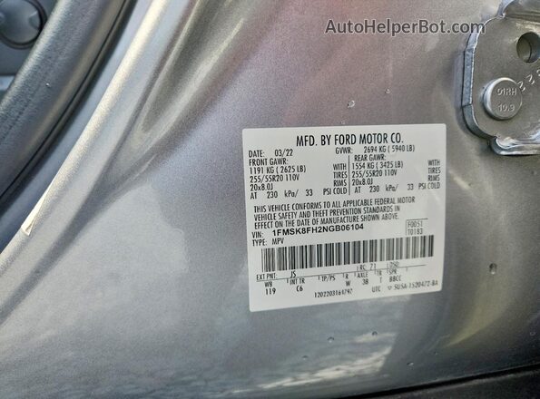 1FMSK8FH2NGB06104 2022 FORD EXPLORER Silver VIN sticker view