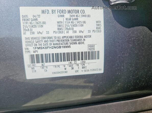 1FMSK8FH2NGB18995 2022 FORD EXPLORER Gray Vista interior de 360 grados