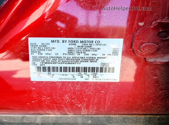1FMSK8FH2PGB09717 2023 FORD EXPLORER Red VIN კოდის სტიკერის ხედი