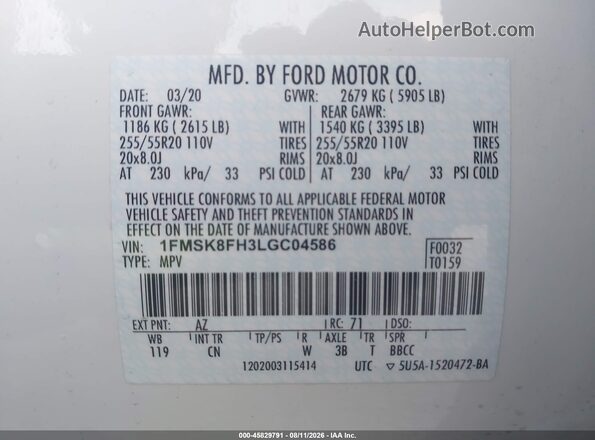 1FMSK8FH3LGC04586 2020 FORD EXPLORER White ძრავის განყოფილების ხედი
