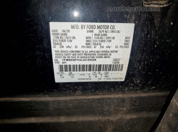 1FMSK8FH3LGC59359 2020 FORD EXPLORER Black VIN sticker view