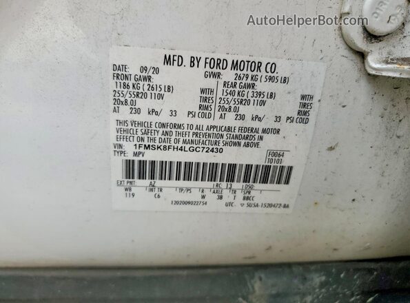 1FMSK8FH4LGC72430 2020 FORD EXPLORER Белый Панорамный вид салона 360°