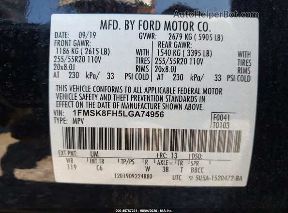 1FMSK8FH5LGA74956 2020 FORD EXPLORER Black Widok komory silnika