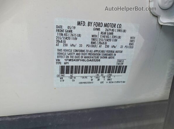 1FMSK8FH6LGA05208 2020 FORD EXPLORER White Вид наклейки з VIN-кодом