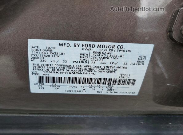 1FMSK8FH6MGA29140 2021 FORD EXPLORER Brown 360 interior view