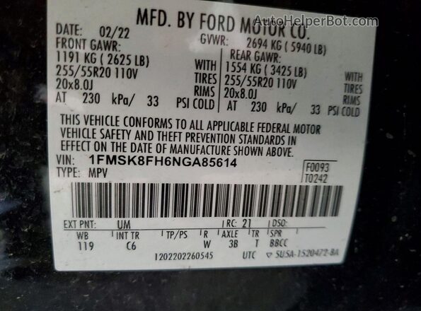 1FMSK8FH6NGA85614 2022 FORD EXPLORER Black Widok naklejki z numerem VIN
