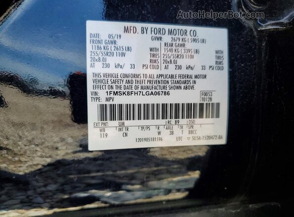 1FMSK8FH7LGA06786 2020 FORD EXPLORER Black Widok naklejki z numerem VIN
