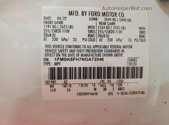 1FMSK8FH7NGA72046 2022 FORD EXPLORER White VIN კოდის სტიკერის ხედი