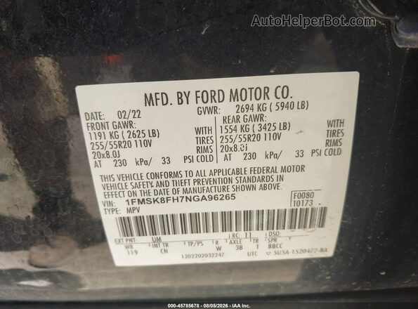 1FMSK8FH7NGA96265 2022 FORD EXPLORER Black Вид підкапотного простору
