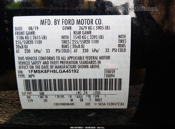 1FMSK8FH8LGA45192 2020 FORD EXPLORER Black Вид підкапотного простору