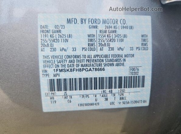1FMSK8FH8PGA78666 2023 FORD EXPLORER Silver VIN კოდის სტიკერის ხედი