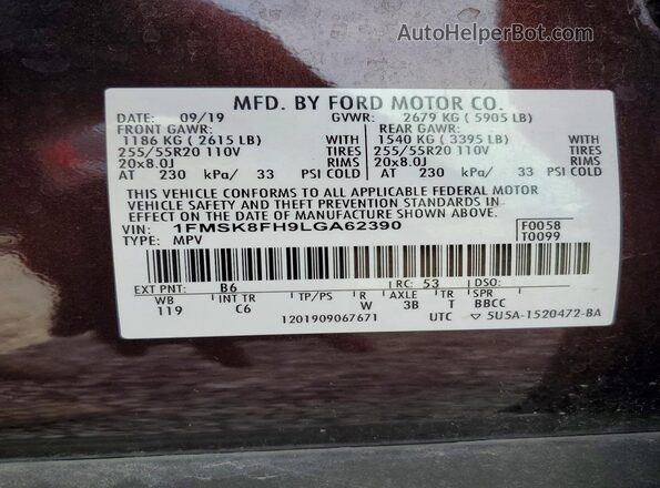 1FMSK8FH9LGA62390 2020 FORD EXPLORER Burgundy VIN კოდის სტიკერის ხედი