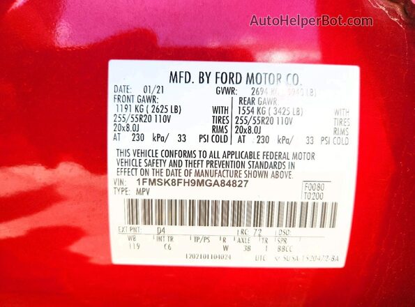1FMSK8FH9MGA84827 2021 FORD EXPLORER Red VIN კოდის სტიკერის ხედი