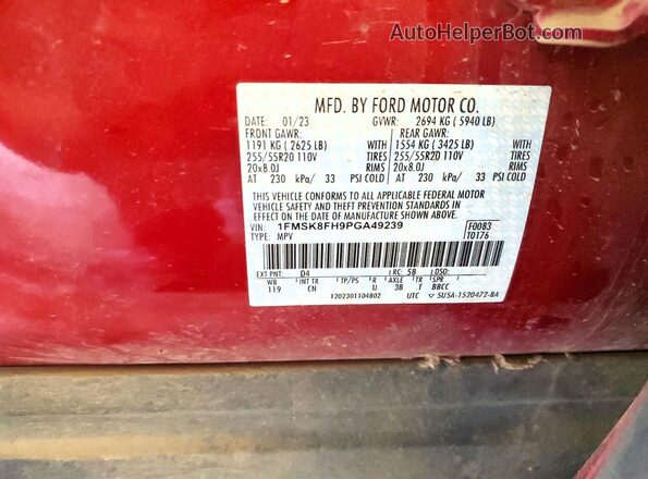 1FMSK8FH9PGA49239 2023 FORD EXPLORER Red VIN կոդի պիտակի տեսք