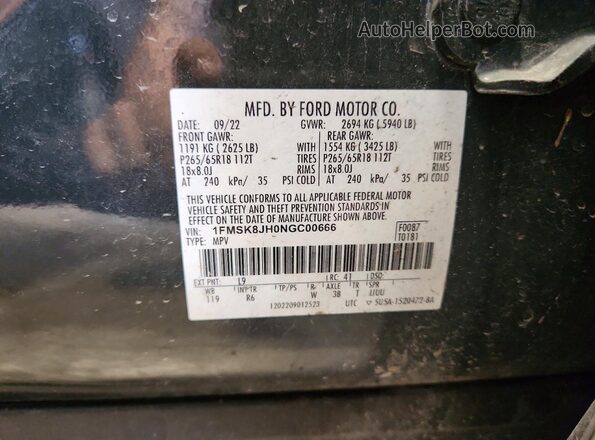 1FMSK8JH0NGC00666 2022 FORD EXPLORER Charcoal Widok naklejki z numerem VIN