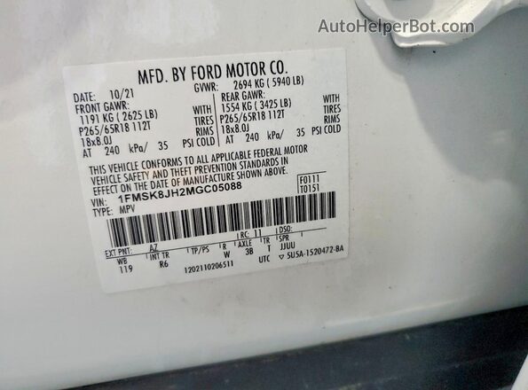 1FMSK8JH2MGC05088 2021 FORD EXPLORER White Vista del compartimento del motor