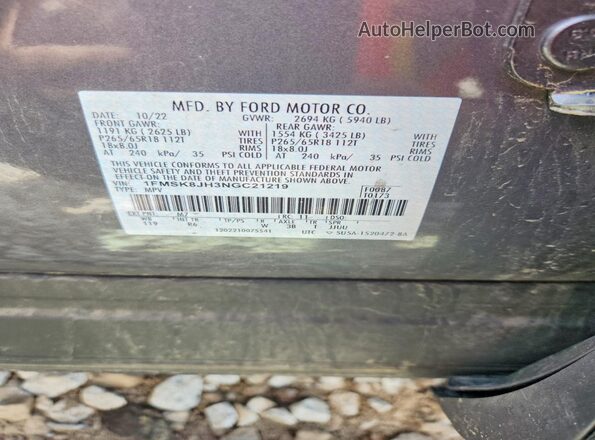 1FMSK8JH3NGC21219 2022 FORD EXPLORER Gray VIN կոդի պիտակի տեսք