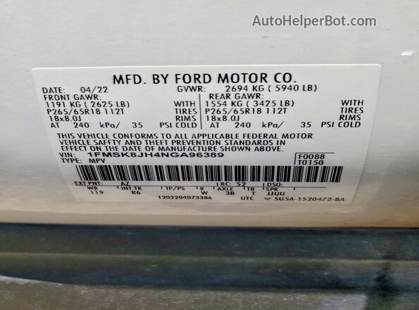 1FMSK8JH4NGA96389 2022 FORD EXPLORER White Панорамний вид салону 360°