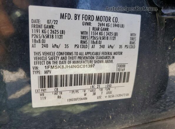 1FMSK8JH4NGC01397 2022 FORD EXPLORER Charcoal Widok naklejki z numerem VIN