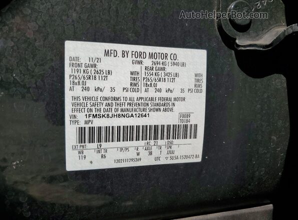 1FMSK8JH8NGA12641 2022 FORD EXPLORER Gray VIN կոդի պիտակի տեսք