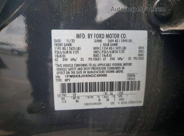 1FMSK8JHXNGC49986 2022 FORD EXPLORER Green Vista de la etiqueta del VIN