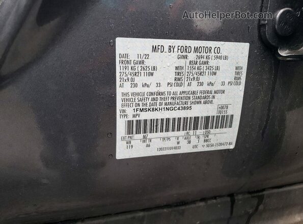 1FMSK8KH1NGC43895 2022 FORD EXPLORER Gray VIN კოდის სტიკერის ხედი