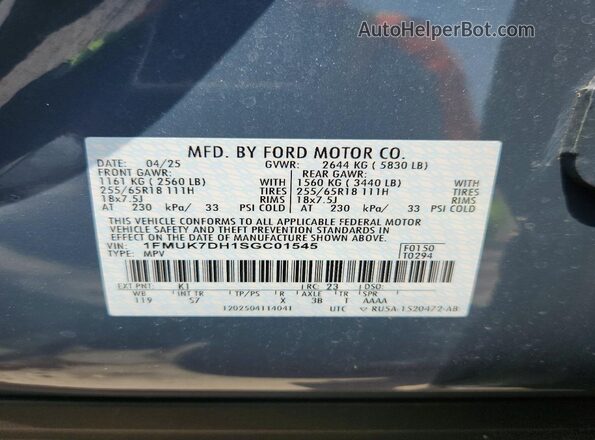 1FMUK7DH1SGC01545 2025 FORD EXPLORER Blue Widok naklejki z numerem VIN