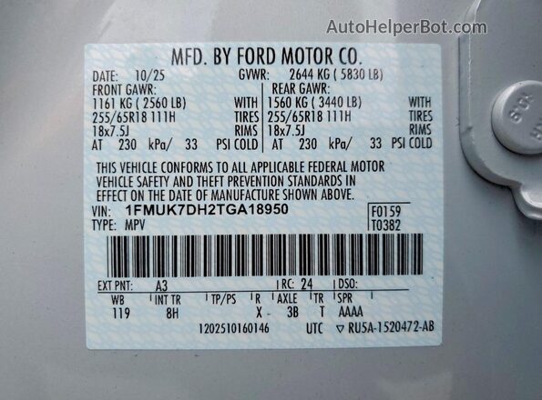1FMUK7DH2TGA18950 2026 FORD EXPLORER Gray VIN კოდის სტიკერის ხედი