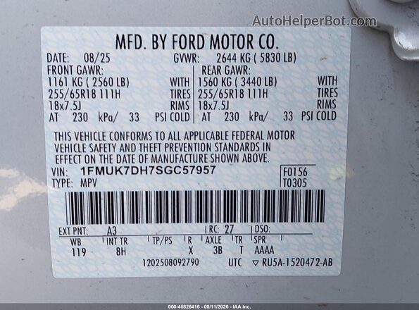 1FMUK7DH7SGC57957 2025 FORD EXPLORER White Շարժիչի բաժամունքի տեսք