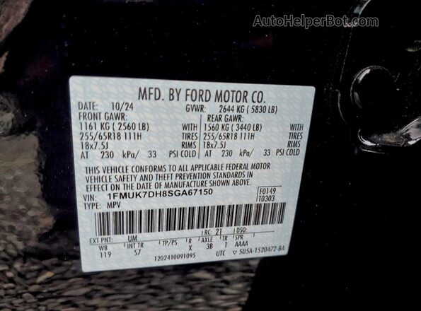 1FMUK7DH8SGA67150 2025 FORD EXPLORER Black VIN sticker view