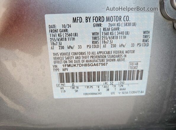 1FMUK7DH8SGA67567 2025 FORD EXPLORER Silver Vista interior de 360 grados