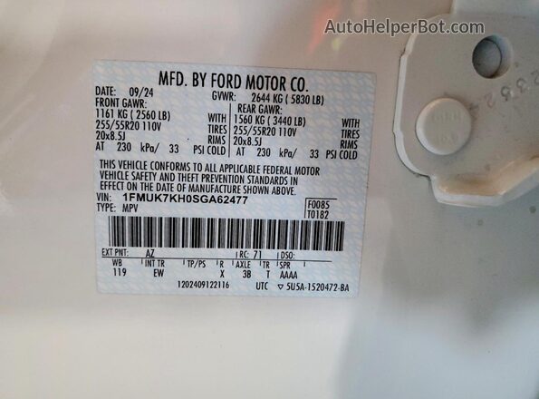 1FMUK7KH0SGA62477 2025 FORD EXPLORER White Vista de la etiqueta del VIN