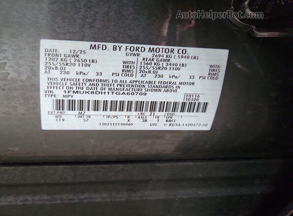 1FMUK8DH1TGA60709 2026 FORD EXPLORER Gray Vista de la etiqueta del VIN