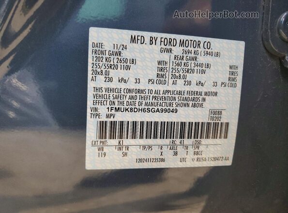 1FMUK8DH6SGA99049 2025 FORD EXPLORER Blue Вид наклейки з VIN-кодом