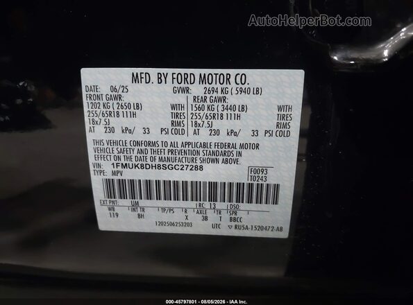 1FMUK8DH8SGC27288 2025 FORD EXPLORER Black ძრავის განყოფილების ხედი