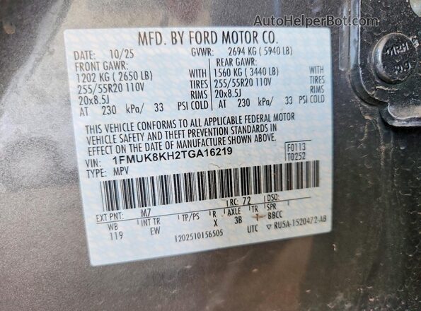 1FMUK8KH2TGA16219 2026 FORD EXPLORER Gray VIN sticker view