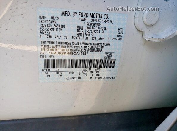 1FMUK8KH5SGA47687 2025 FORD EXPLORER White სალონის 360-გრადუსიანი ხედი