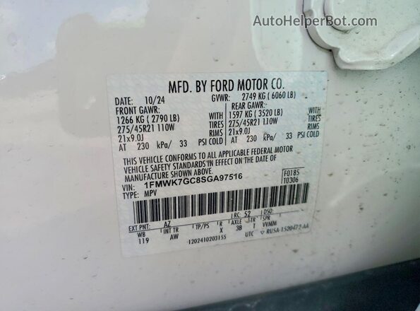 1FMWK7GC8SGA97516 2025 FORD EXPLORER Белый Вид наклейки с VIN-кодом