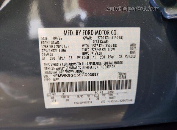 1FMWK8GC5SGD03087 2025 FORD EXPLORER Серый Вид наклейки с VIN-кодом