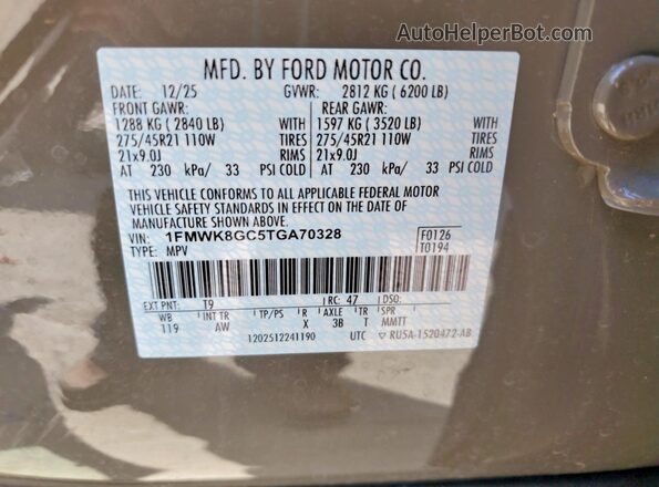 1FMWK8GC5TGA70328 2026 FORD EXPLORER Коричневый Вид наклейки с VIN-кодом