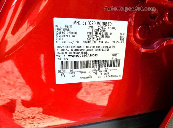 1FMWK8GC6SGA28085 2025 FORD EXPLORER Red Widok naklejki z numerem VIN