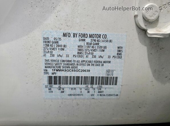 1FMWK8GC8SGC20639 2025 FORD EXPLORER White Вид наклейки з VIN-кодом