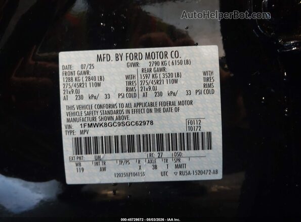 1FMWK8GC9SGC62978 2025 FORD EXPLORER Black ძრავის განყოფილების ხედი