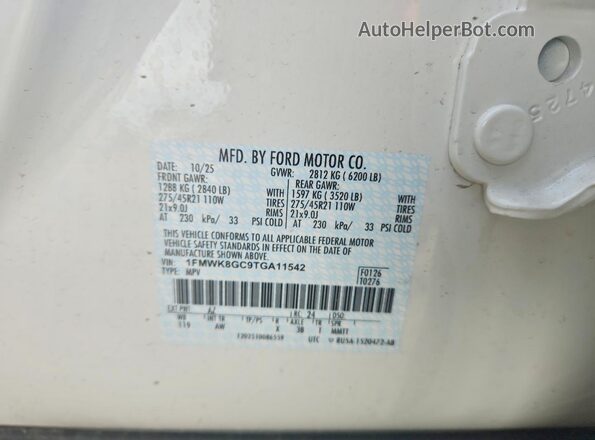 1FMWK8GC9TGA11542 2026 FORD EXPLORER White VIN კოდის სტიკერის ხედი