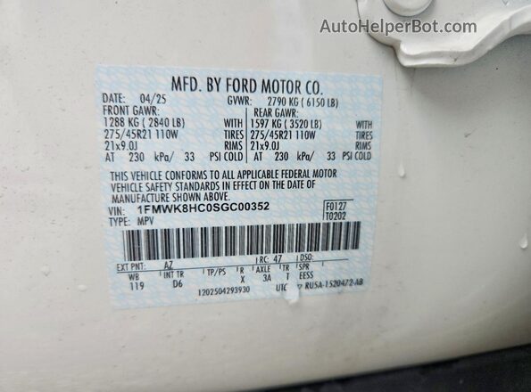 1FMWK8HC0SGC00352 2025 FORD EXPLORER White VIN sticker view