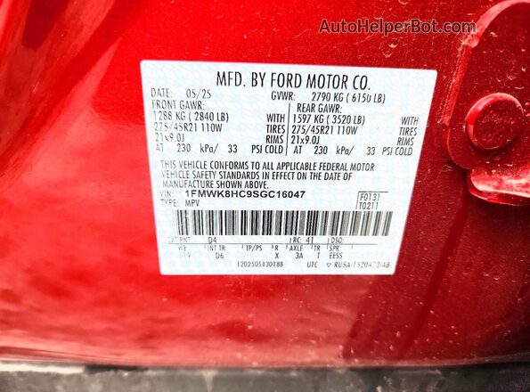 1FMWK8HC9SGC16047 2025 FORD EXPLORER Red Widok naklejki z numerem VIN