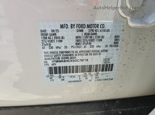 1FMWK8HCXSGC78718 2025 FORD EXPLORER White Widok naklejki z numerem VIN