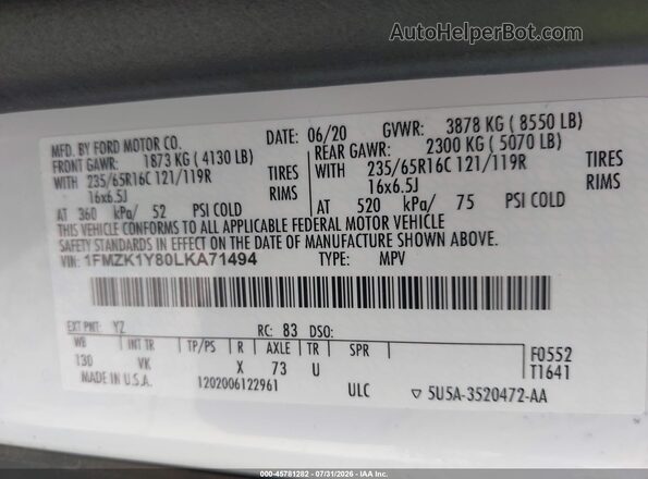 1FMZK1Y80LKA71494 2020 FORD TRANSIT-150 PASSENGER VAN White Вид підкапотного простору