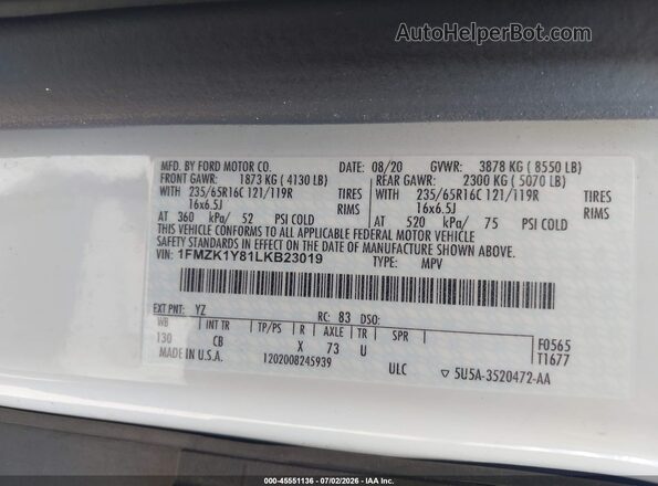1FMZK1Y81LKB23019 2020 FORD TRANSIT-150 PASSENGER VAN White Engine compartment view